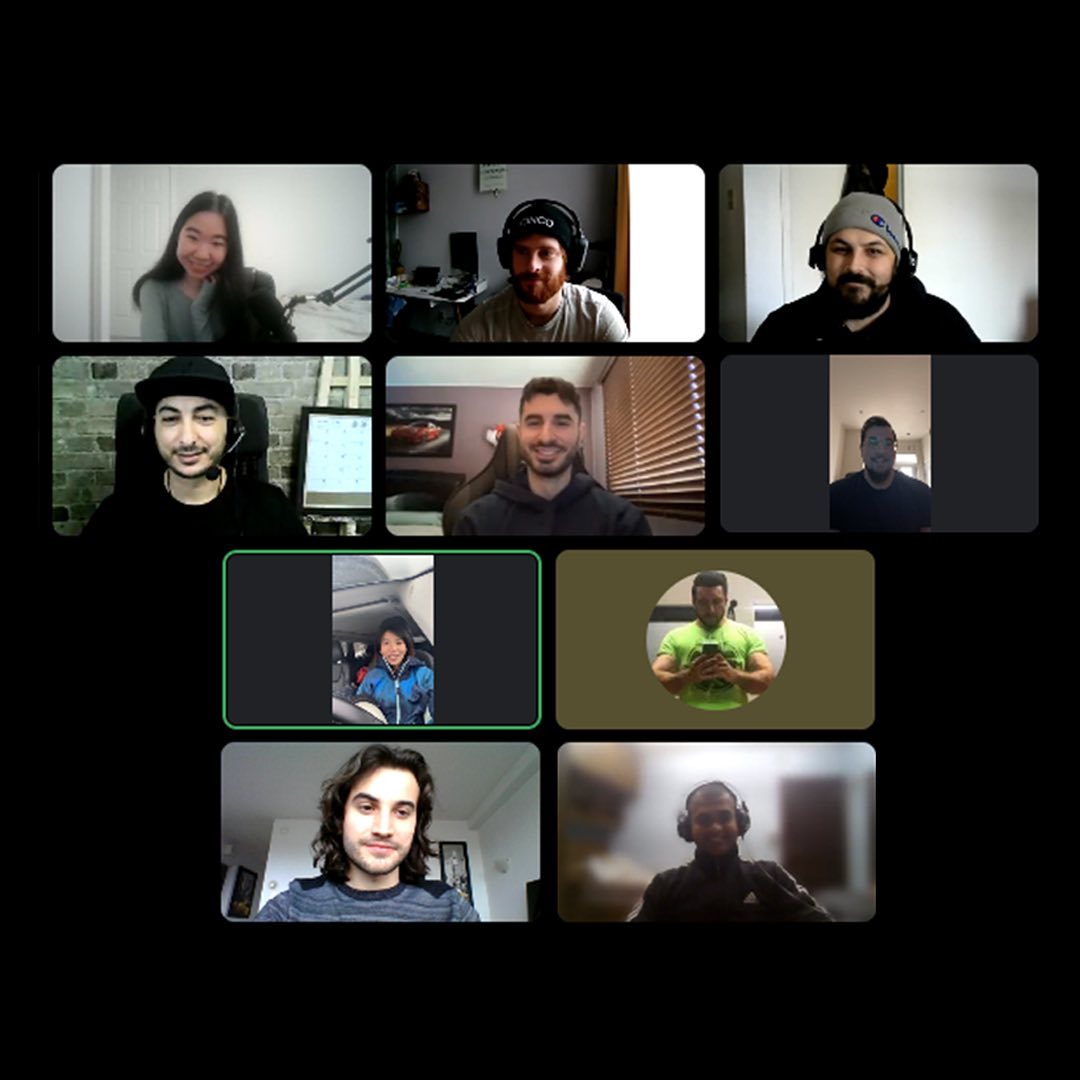 Dytomic team video call with ten members across leadership, engineering, art, and design